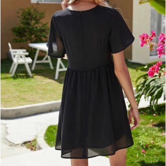 Little Black Dress with Flutter Sleeves & Embroidery - Picture 2 of 7